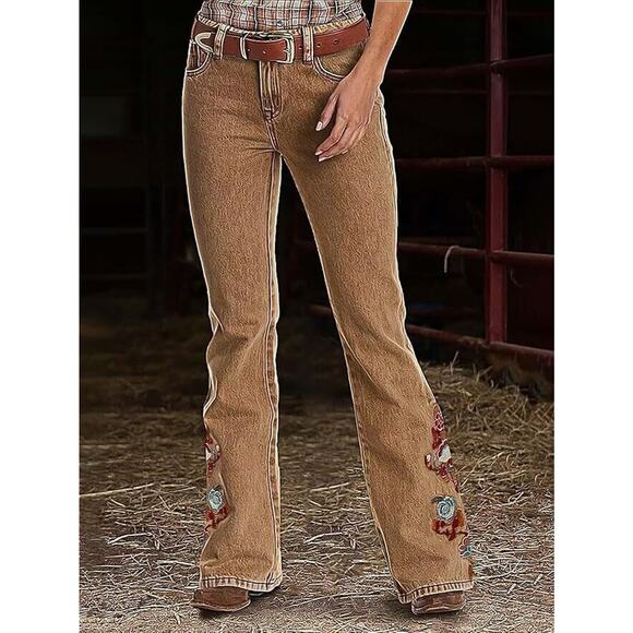 Flamingals Women's Floral Embroidery Mid Waist High Stretch Bootcut Jeans XL - Picture 5 of 8